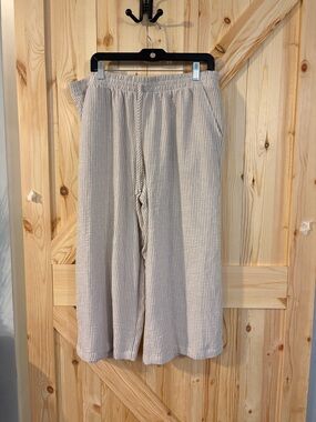 AB Studio Beige White Stripe Pants XL Lightweight Summer Wide Leg